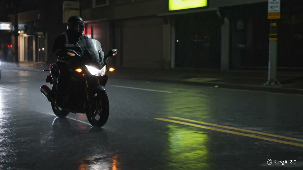 Motociclista na chuva, à noite, com capa de chuva Kencover